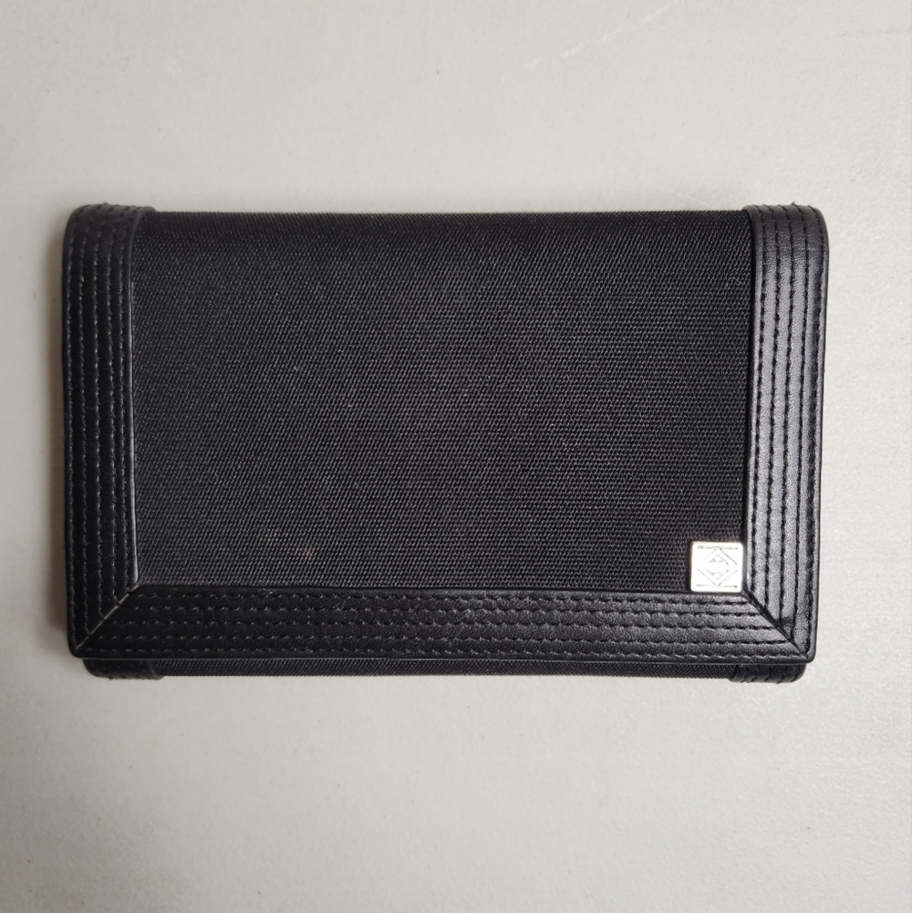 Anne Klein Womens Black Canvas/Vegan Leather Tri-Fold Wallet